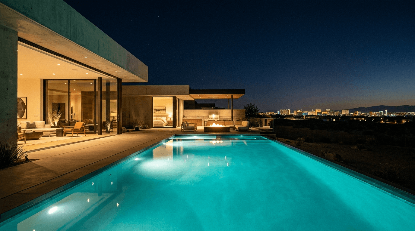 Illustrative modern Las Vegas home at night